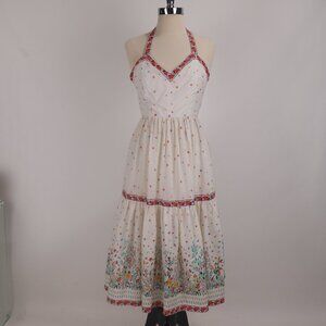 🌺 Vintage Victor Costa Prairie Boho Hippie Floral Holter Garden Party Dress XS